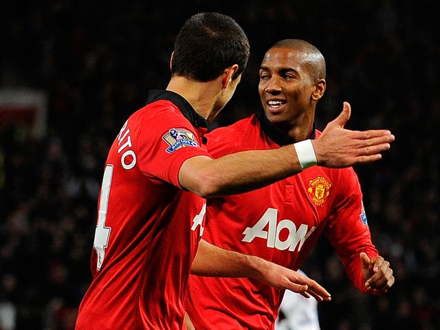 Ashley Young celebrates after scoring for Manchester United against West Ham
