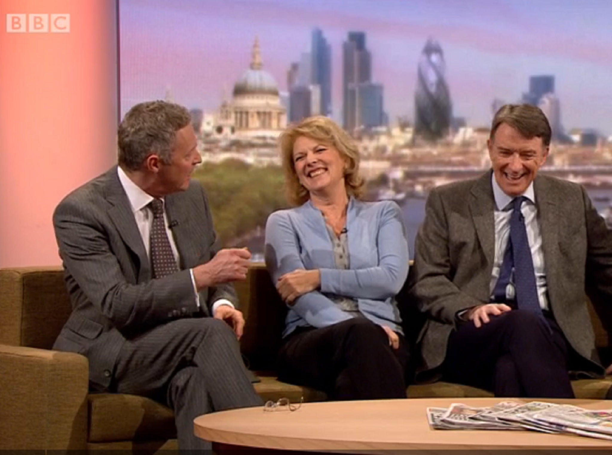 The Tory MP Anna Soubry said Nigel Farage 'looks like someone put their finger up his bottom' after an impression by comedian Rory Bremner (left)