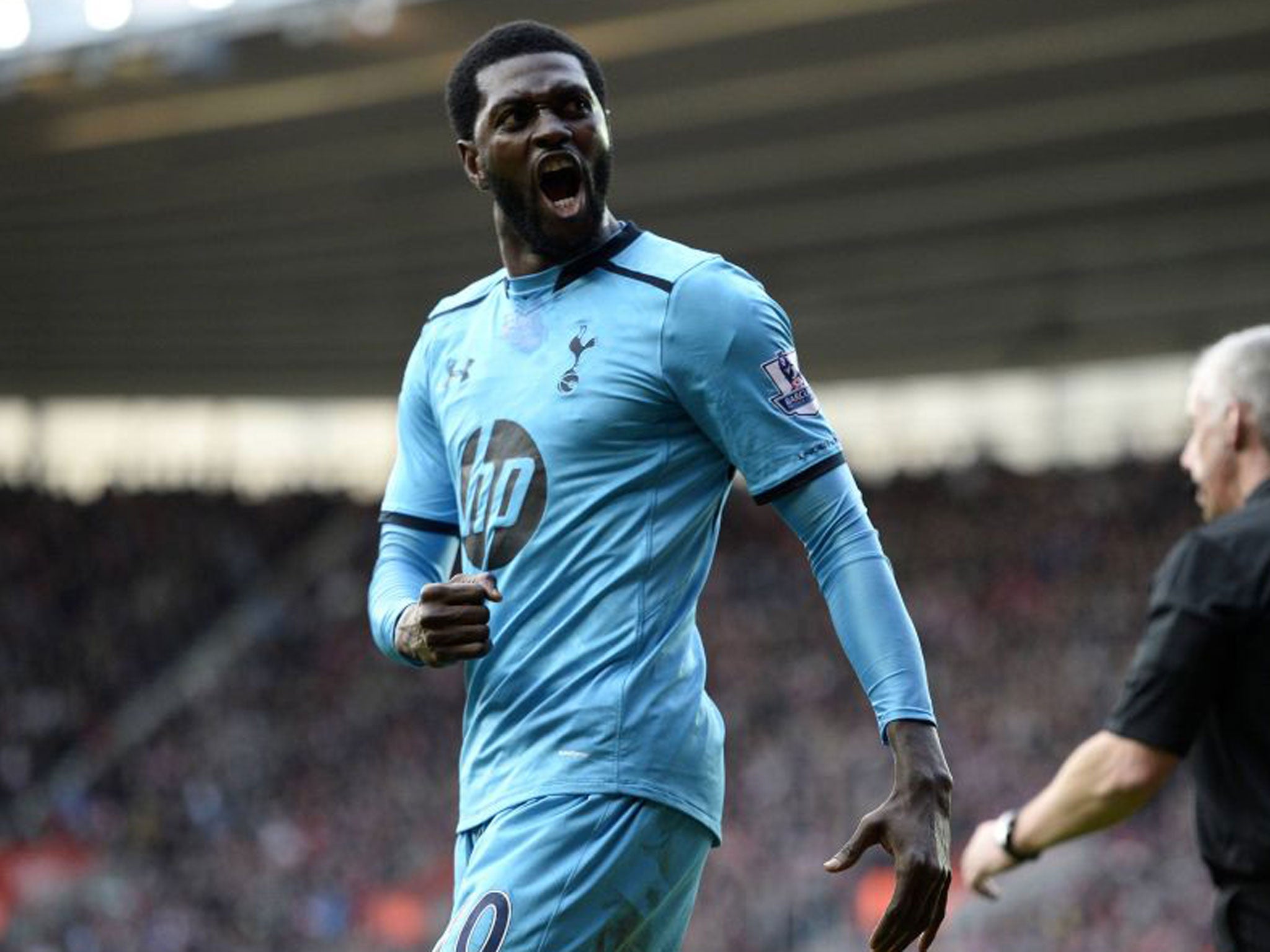 Emmanuel Adebayor celebrates his second goal against Southampton on Sunday