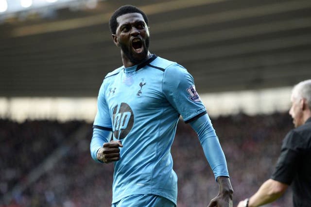 Emmanuel Adebayor celebrates his second goal against Southampton