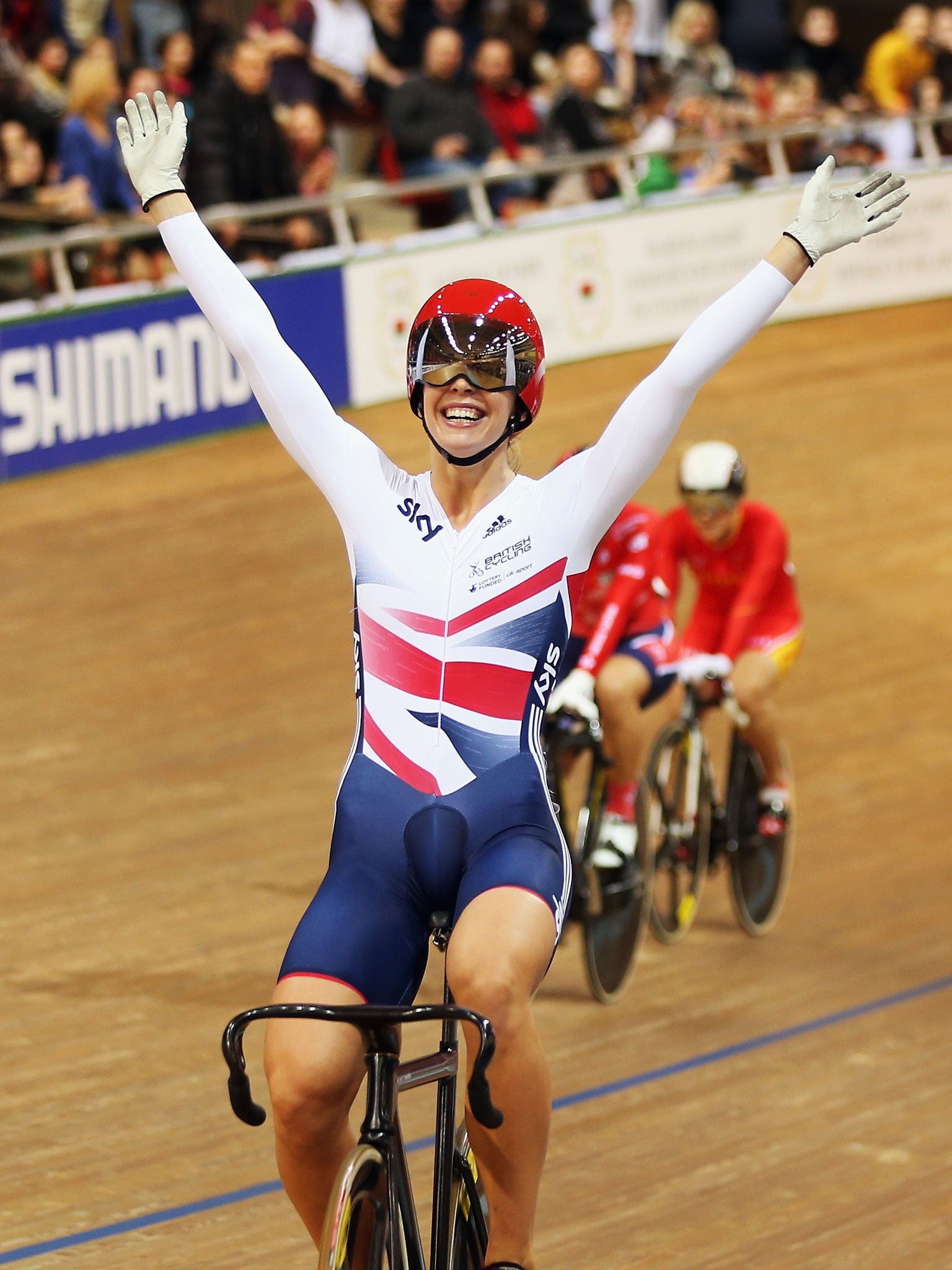 Rebecca James celebrates winning the Women's Keirin final of the 2013 UCI Track World Championships (Getty)