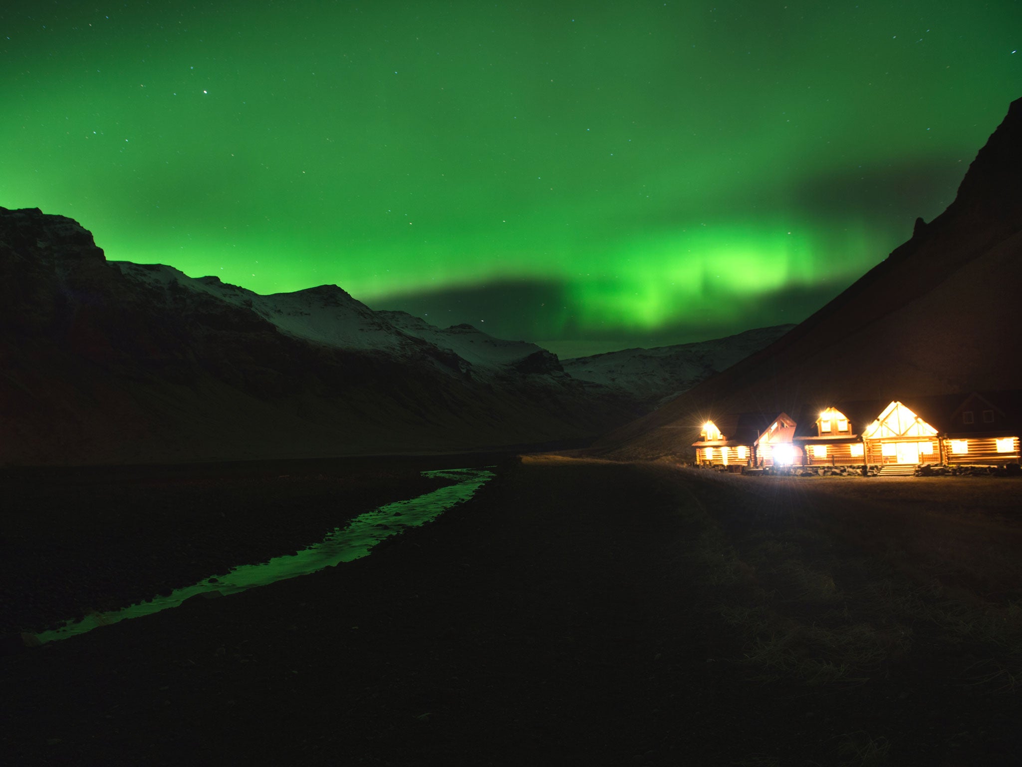 The northern lights or aurora borealis near the village of Vik, in southern Iceland.