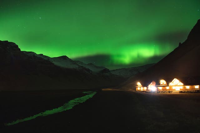 The northern lights or aurora borealis near the village of Vik, in southern Iceland.