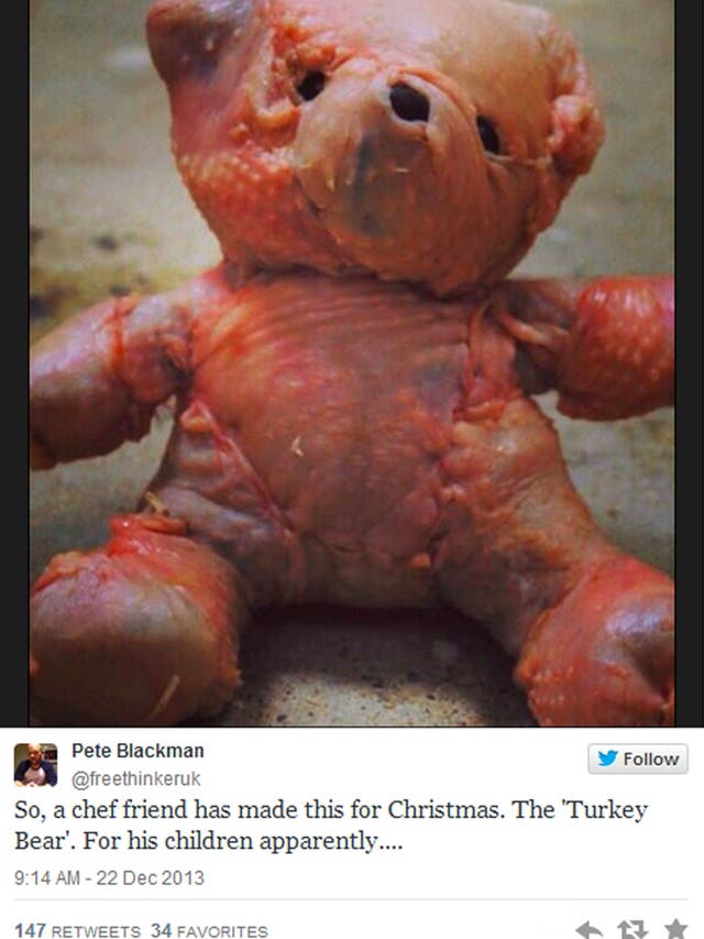 A tweet showing Russian artist Viktor Ivanov's bear fashioned from cuts of chicken.