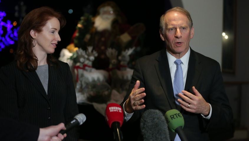 Dr Richard Haass and Harvard professor Meghan O'Sullivan, talk to the media outside the Stormont Hotel, Belfast