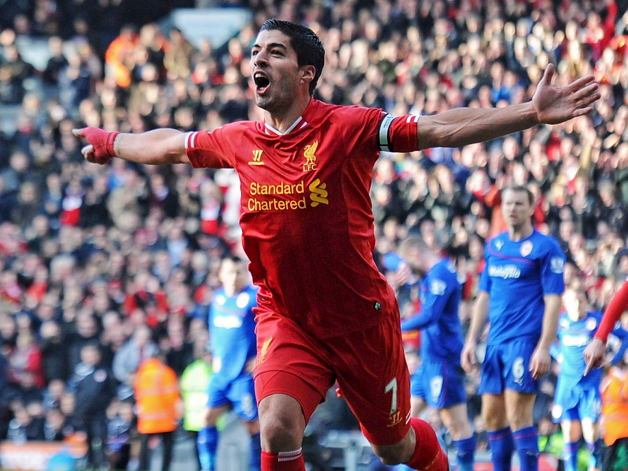 Luis Suarez faces Manchester City today having scored 19 Premier League goals in just 12 games for Liverpool this season