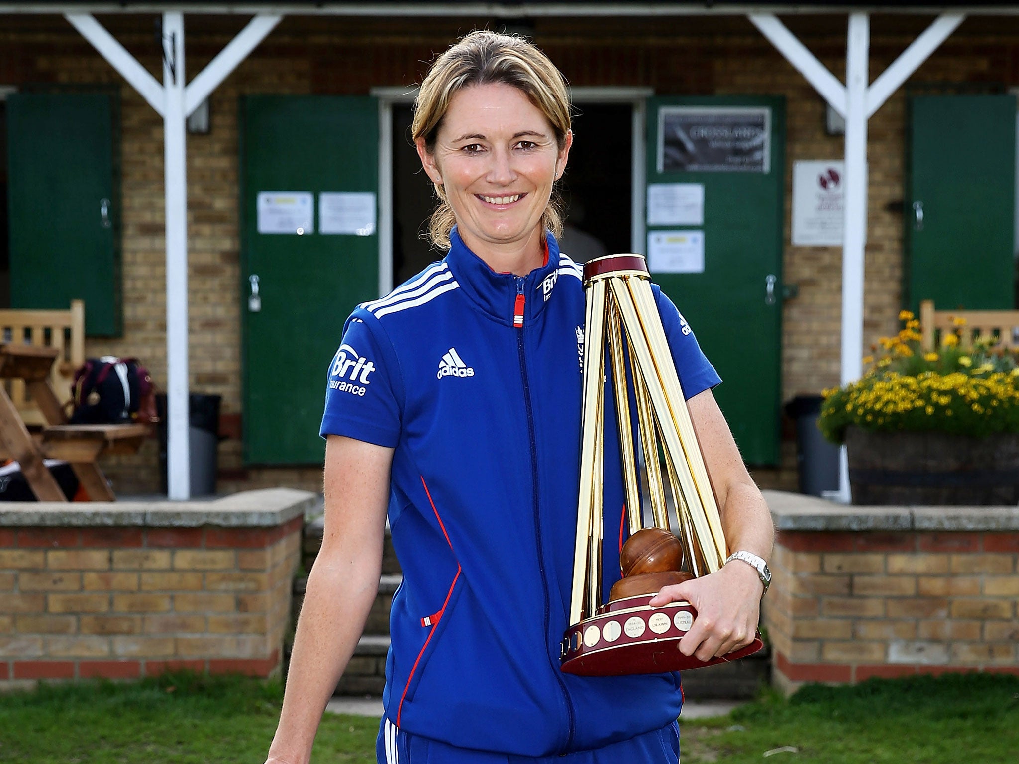The England captain Charlotte Edwards with the Ashes trophy