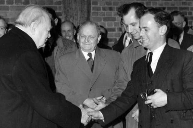 Mayhew, right, meets Sir Winston Churchill in 1954, when Churchill was the Chancellor of Bristol University