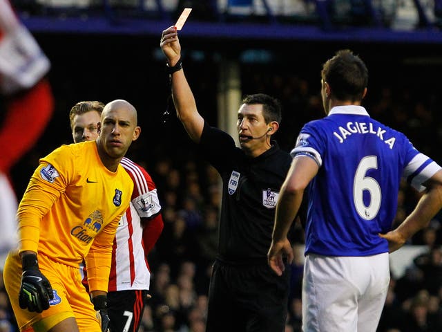 Tim Howard is shown a straight red card in Everton's Boxing Day Premier League match against Sunderland