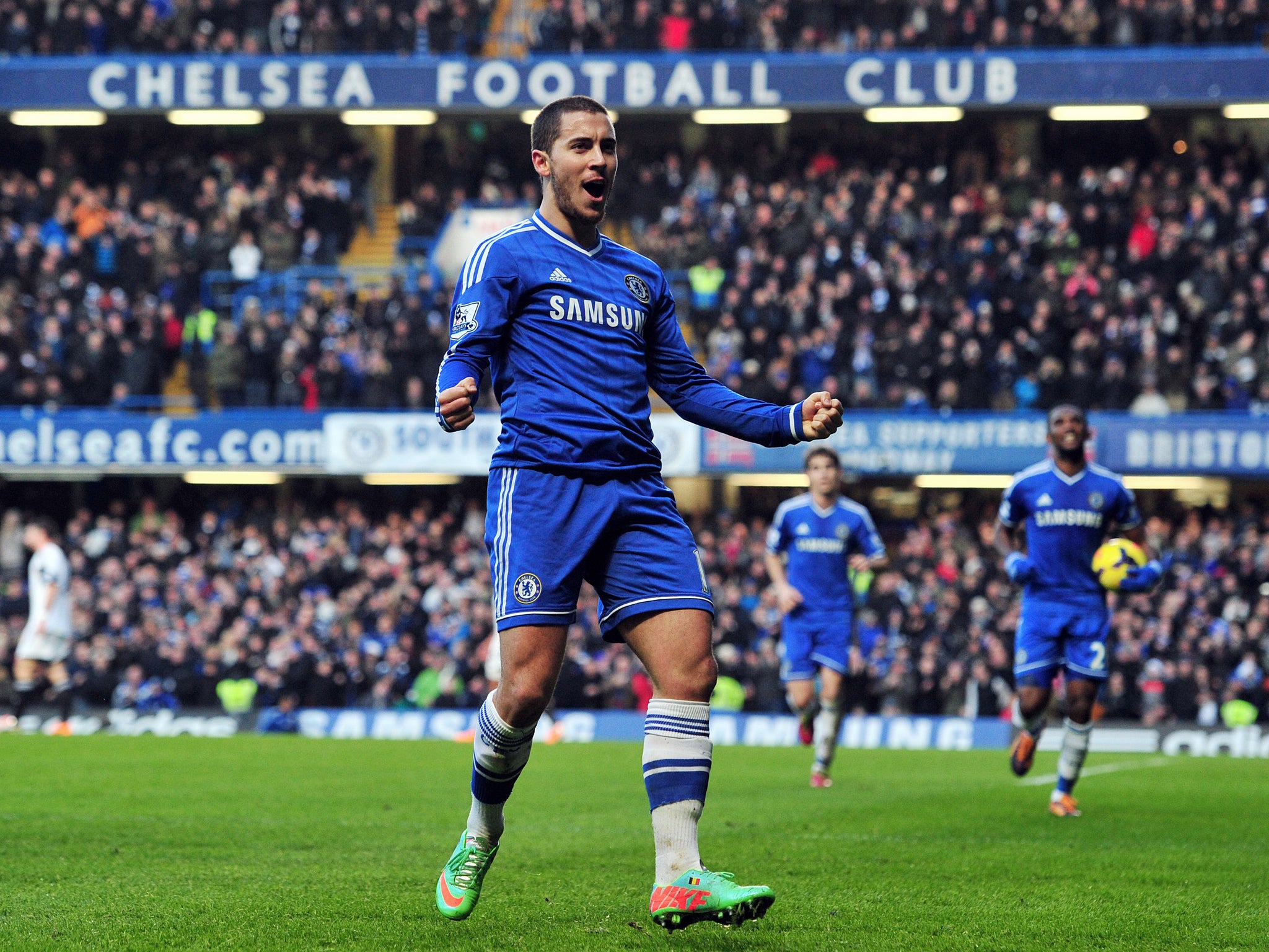 Eden Hazard celebrates after scoring for Chelsea against Swansea