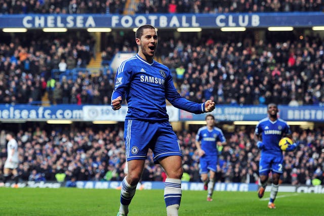 Eden Hazard celebrates after scoring for Chelsea against Swansea