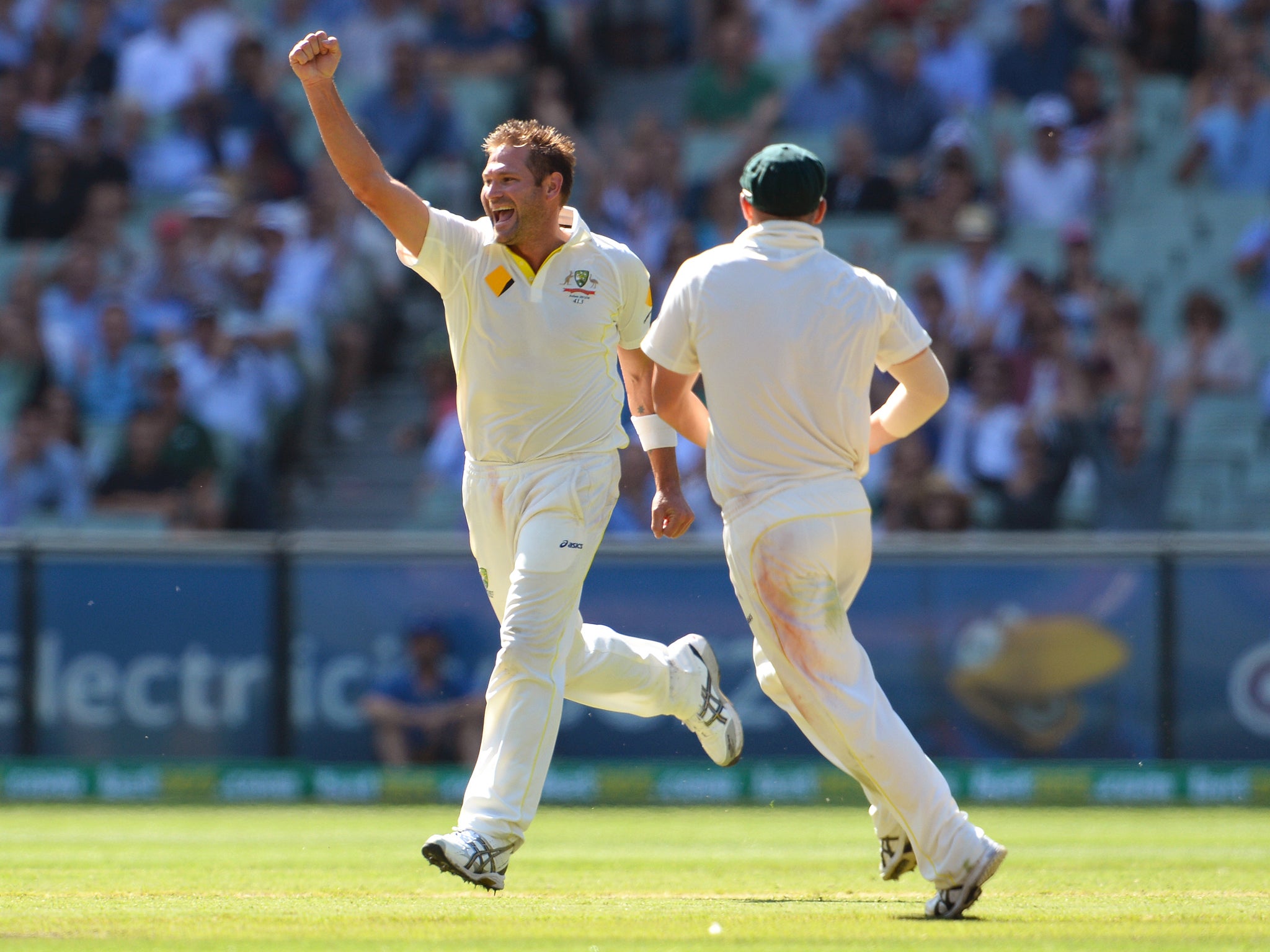 Ryan Harris celebrates the dismissal of Ian Bell on day one of the Fourth Test