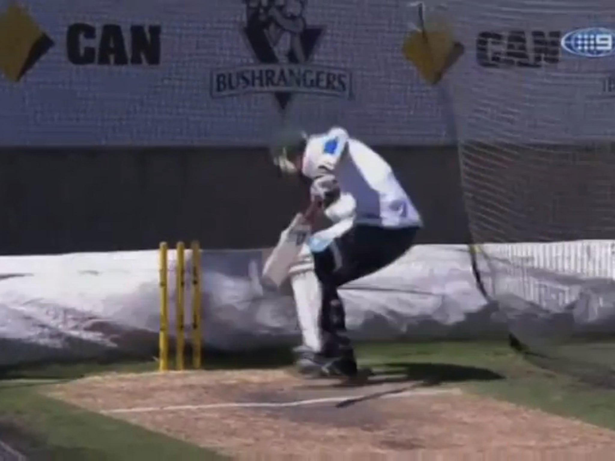 Piers Morgan attempts to avoid a Brett Lee bouncer aimed at his head, with little success