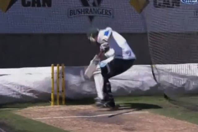 Piers Morgan attempts to avoid a Brett Lee bouncer aimed at his head, with little success