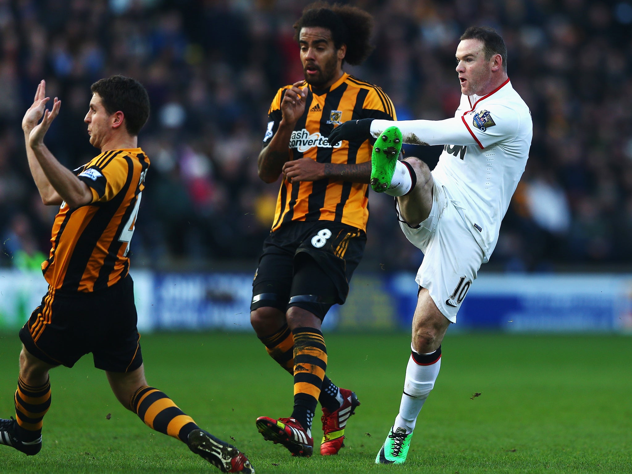 Wayne Rooney scores his 150th Premier League goal for Manchester United with brilliant volley at Hull.