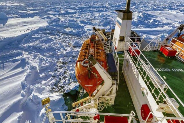 The Russian ship MV Akademik Shokalskiy trapped in thick Antarctic ice, 1,500 nautical miles south of Hobart, Australia