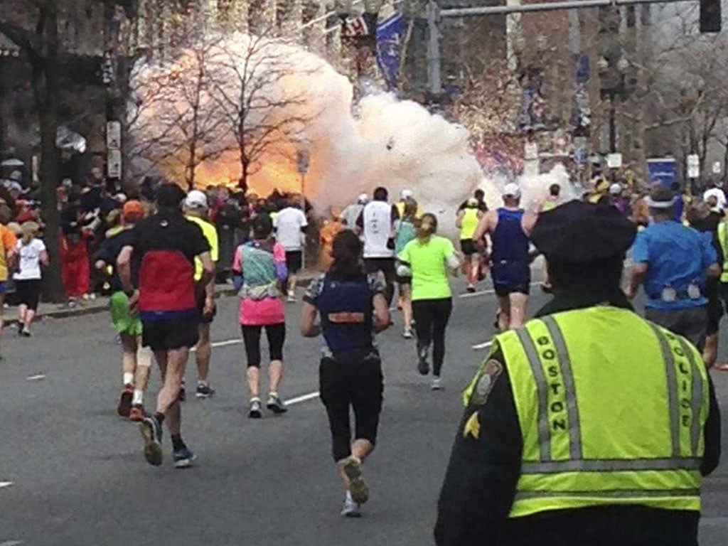 The moment one of the bombs exploded at this year's Boston Marathon (ReuterS)