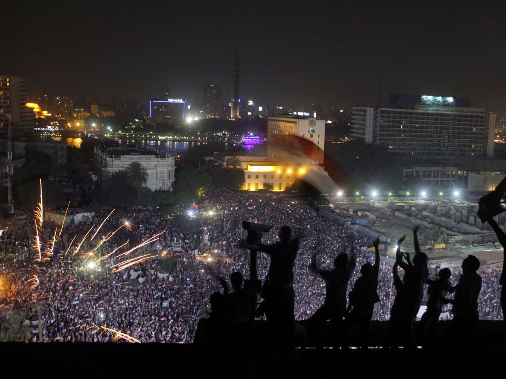 Fireworks in Cairo’s Tahrir Square, as opponents of Egypt’s Islamist President Mohamed Morsi celebrate his fall.