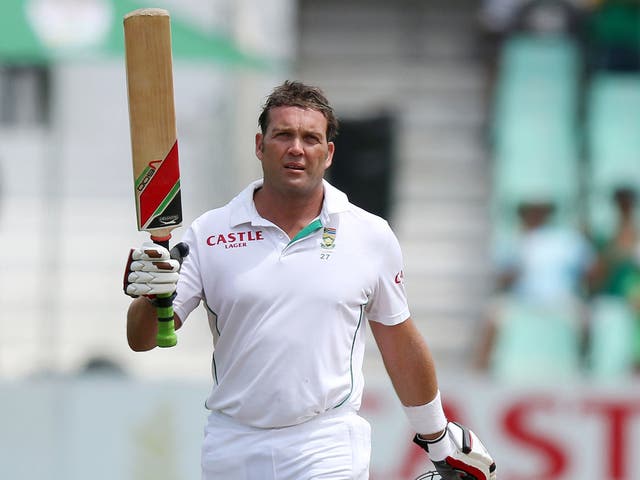 Jacques Kallis celebrates after reaching his half-century in his final Test match for South Africa