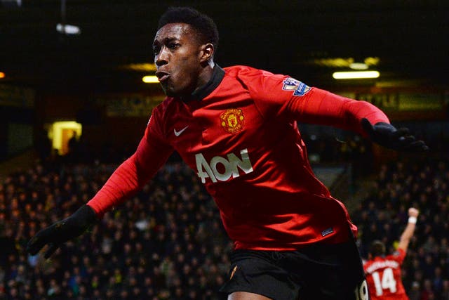 Manchester United forward Danny Welbeck celebrates after he scores against Norwich City