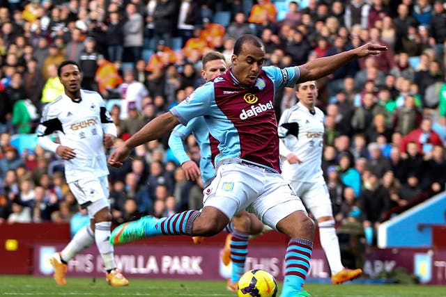 Aston Villa striker Gabriel Agbonlahor scores against Swansea City