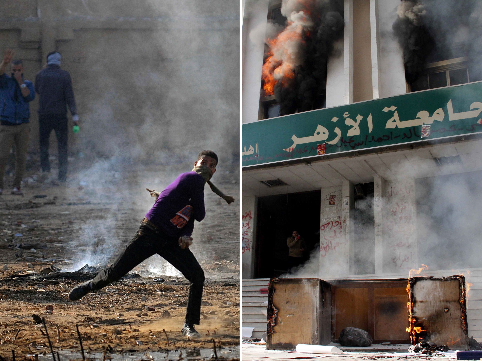 Student supporters of the Muslim Brotherhood clash with Egyptian security forces as university buildings are set ablaze