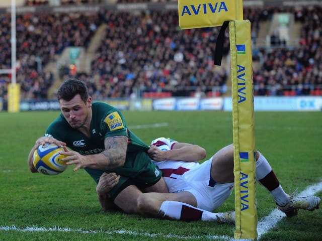 Leicester Tigers wing Adam Thompstone scores a try in their victory over Sale Sharks