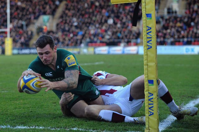 Leicester Tigers wing Adam Thompstone scores a try in their victory over Sale Sharks