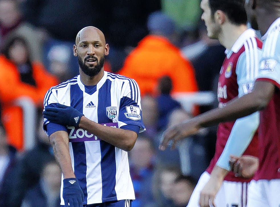 Nicolas Anelka appears to make the 'quenelle' gesture after scoring the first goal for West Brom in the 3-3 draw against West Ham