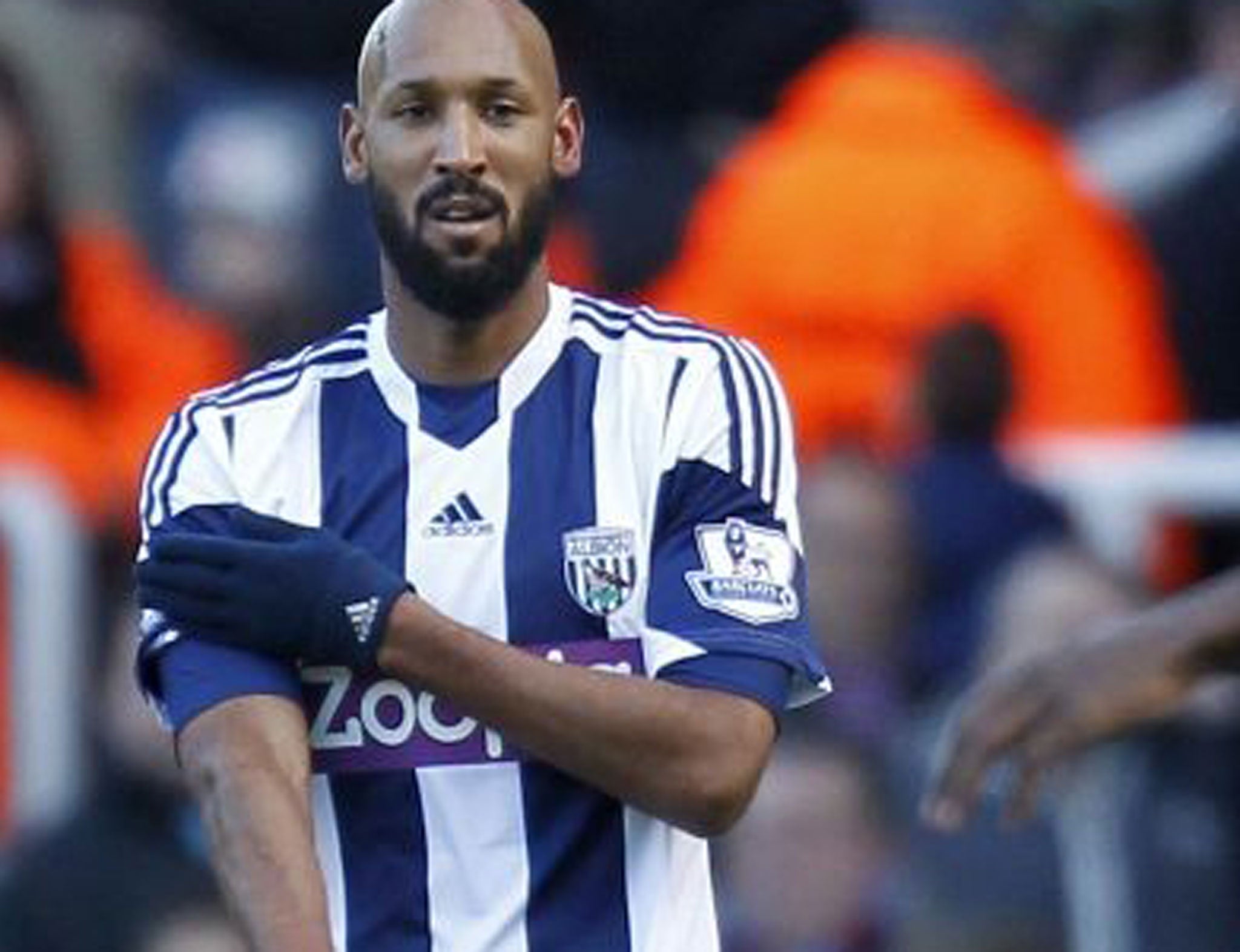 West Brom striker Nicolas Anelka makes an alleged anti-Semitic gesture when celebrating his first goal against West Ham last month
