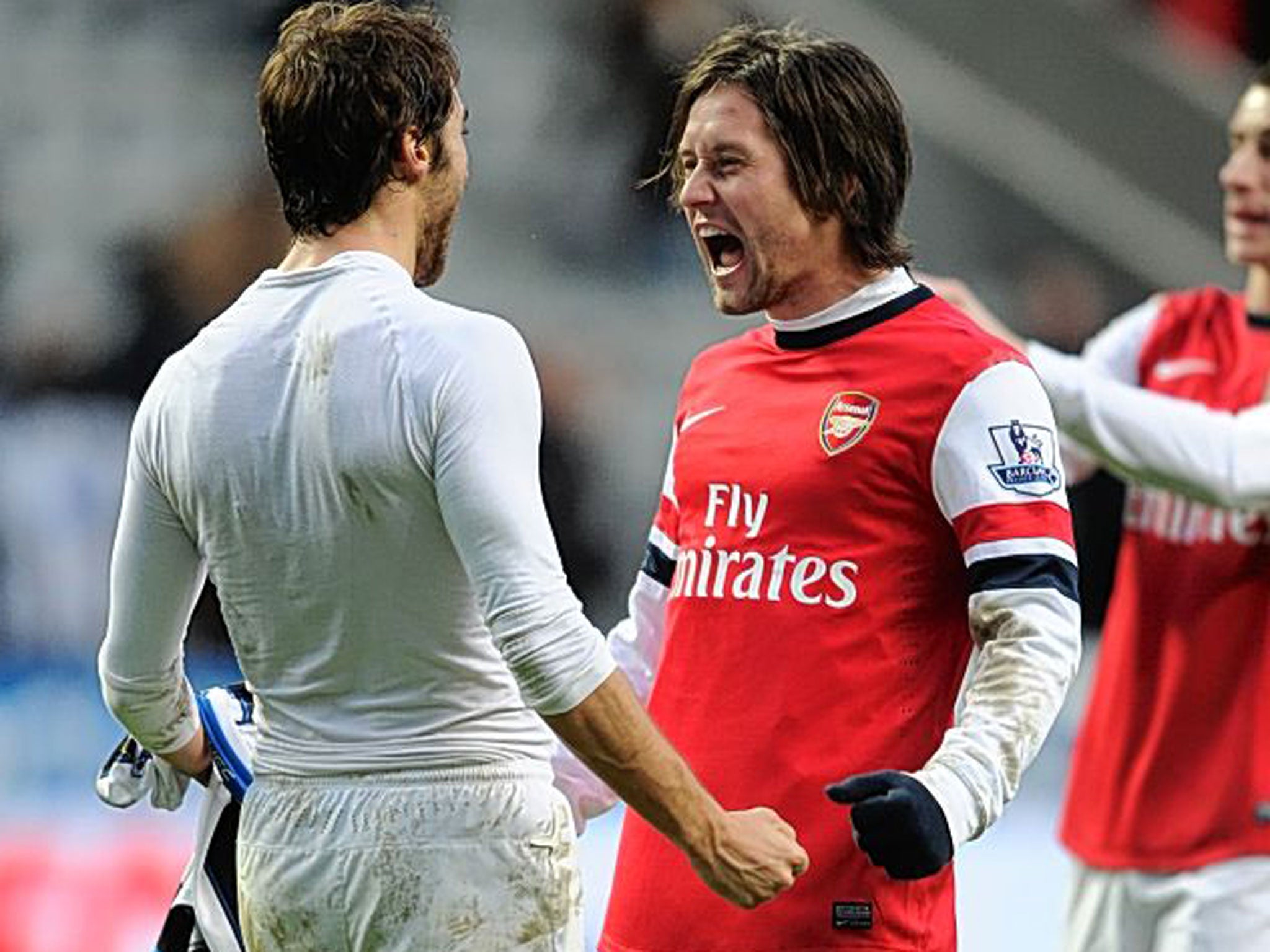 Tomas Rosicky (right) and Mathieu Flamini celebrate Arsenal's win