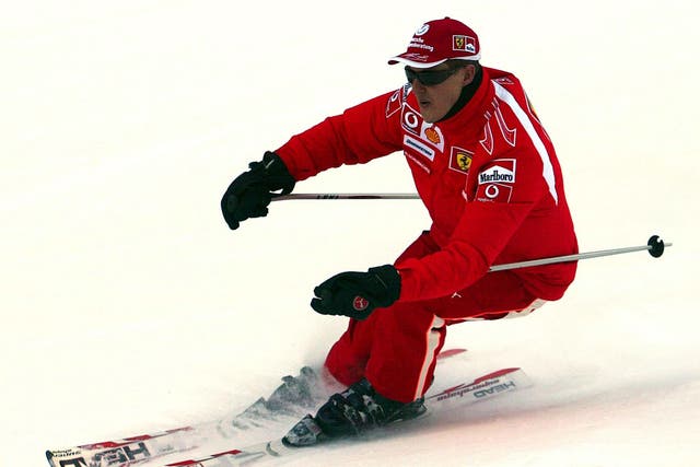 Michael Schumacher speeds down a course in the Madonna di Campiglio ski resort, in the Italian Alps in January 2006
