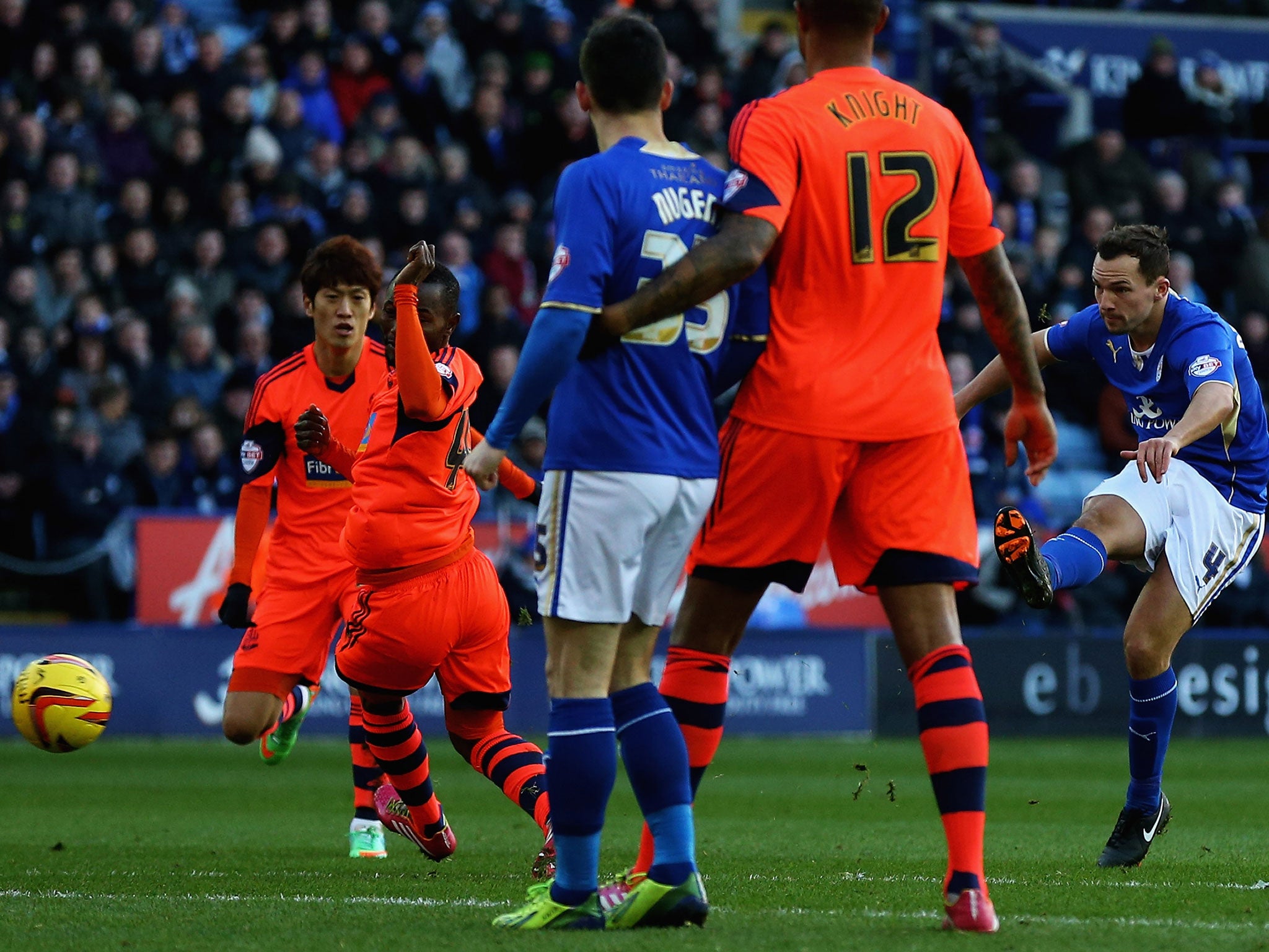 Danny Drinkwater scores for Championship leaders Leicester in their 5-3 home win over Bolton