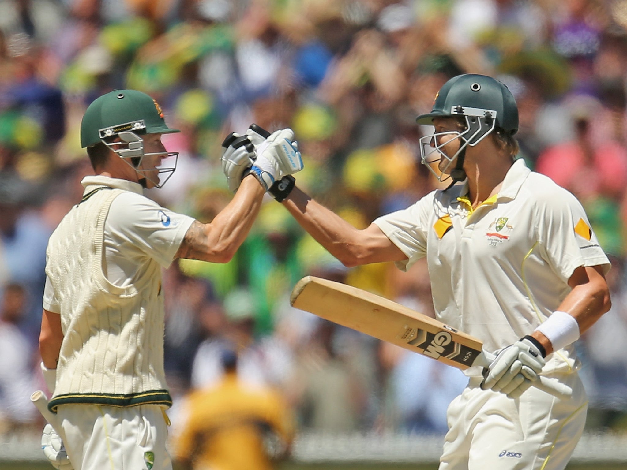 Shane Watson and Michael Clarke celebrate the Fourth Ashes Test victory over England