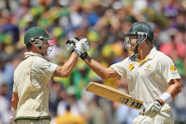 Shane Watson and Michael Clarke celebrate the Fourth Ashes Test victory over England