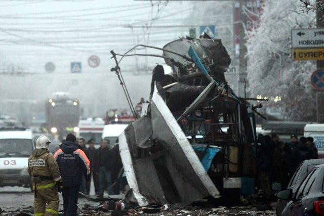 The trolleybus destroyed by a suicide bomb in Volgograd