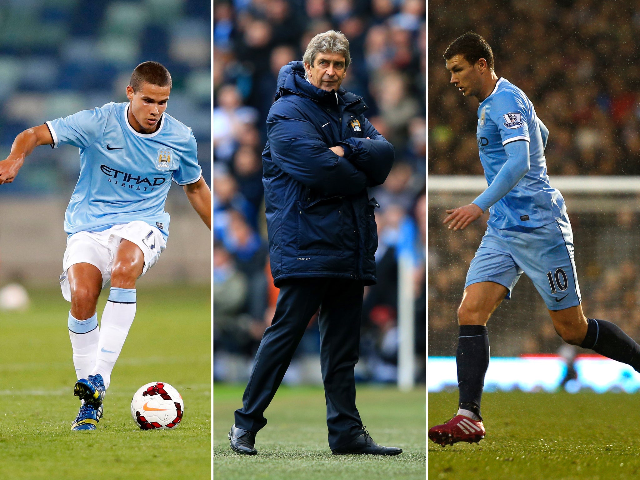 Manchester City manager Manuel Pellegrini (C) has stressed that neither Jack Rodwell (L) or Edin Dzeko (R) will be sold in January