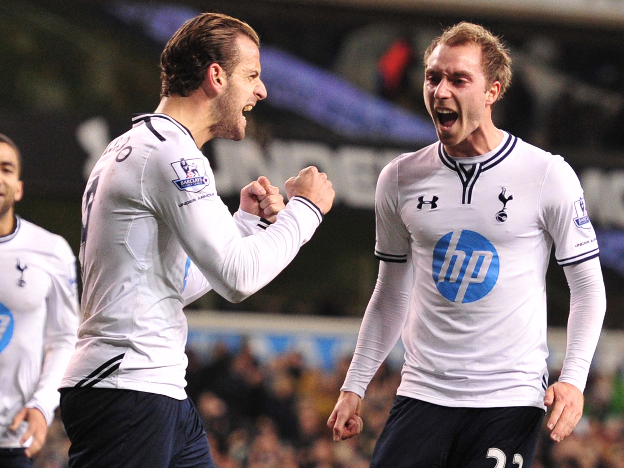 Roberto Soldado and Christian Eriksen celebrate after the Spaniard scores for Tottenham against Stoke City