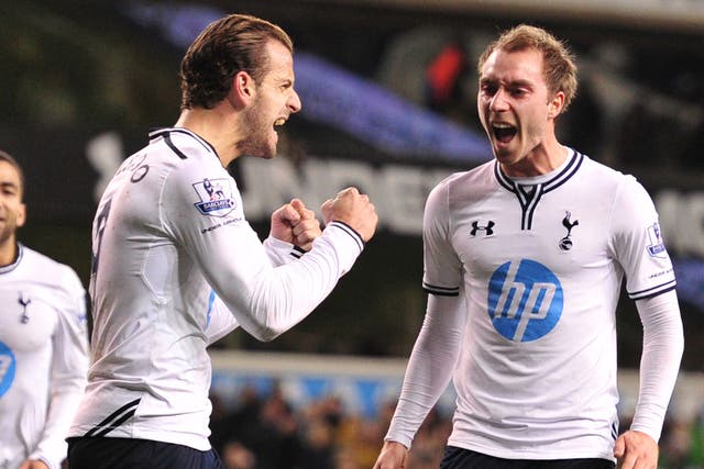 Roberto Soldado and Christian Eriksen celebrate after the Spaniard scores for Tottenham against Stoke City