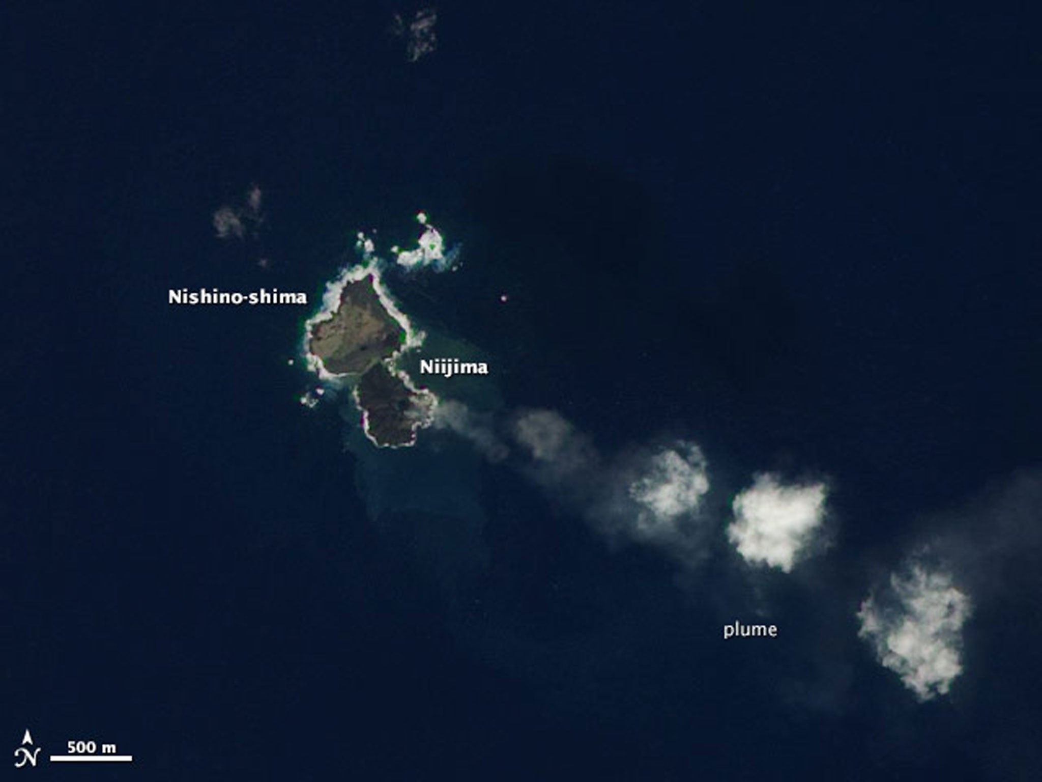 Nasa captured this image on Christmas Eve showing the new volcanic island Niijima merging with another to form a landmass which bloggers have dubbed 'Snoopy Island'