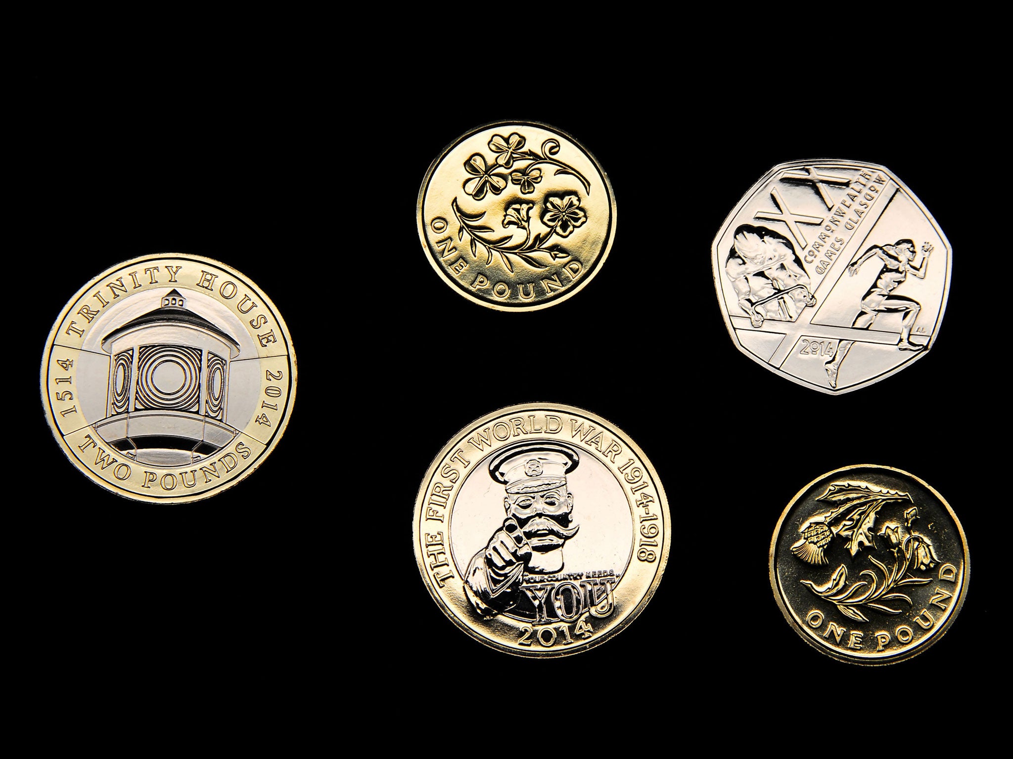 The five new coin designs which will go into circulation on 1st January 2014