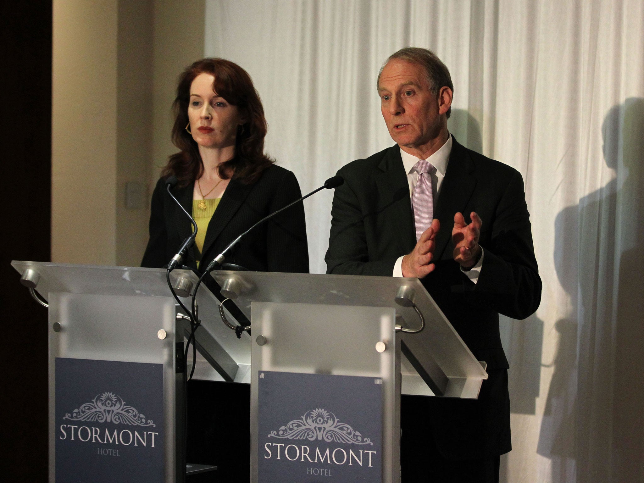 Former US diplomat Richard Haass and co-chair Meghan O'Sullivan speak at the Stormont hotel in Belfast. Overnight talks failed to reach any agreements