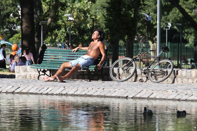 A man sits under the sun at the Centenario park in Buenos Aires, Argentina. 