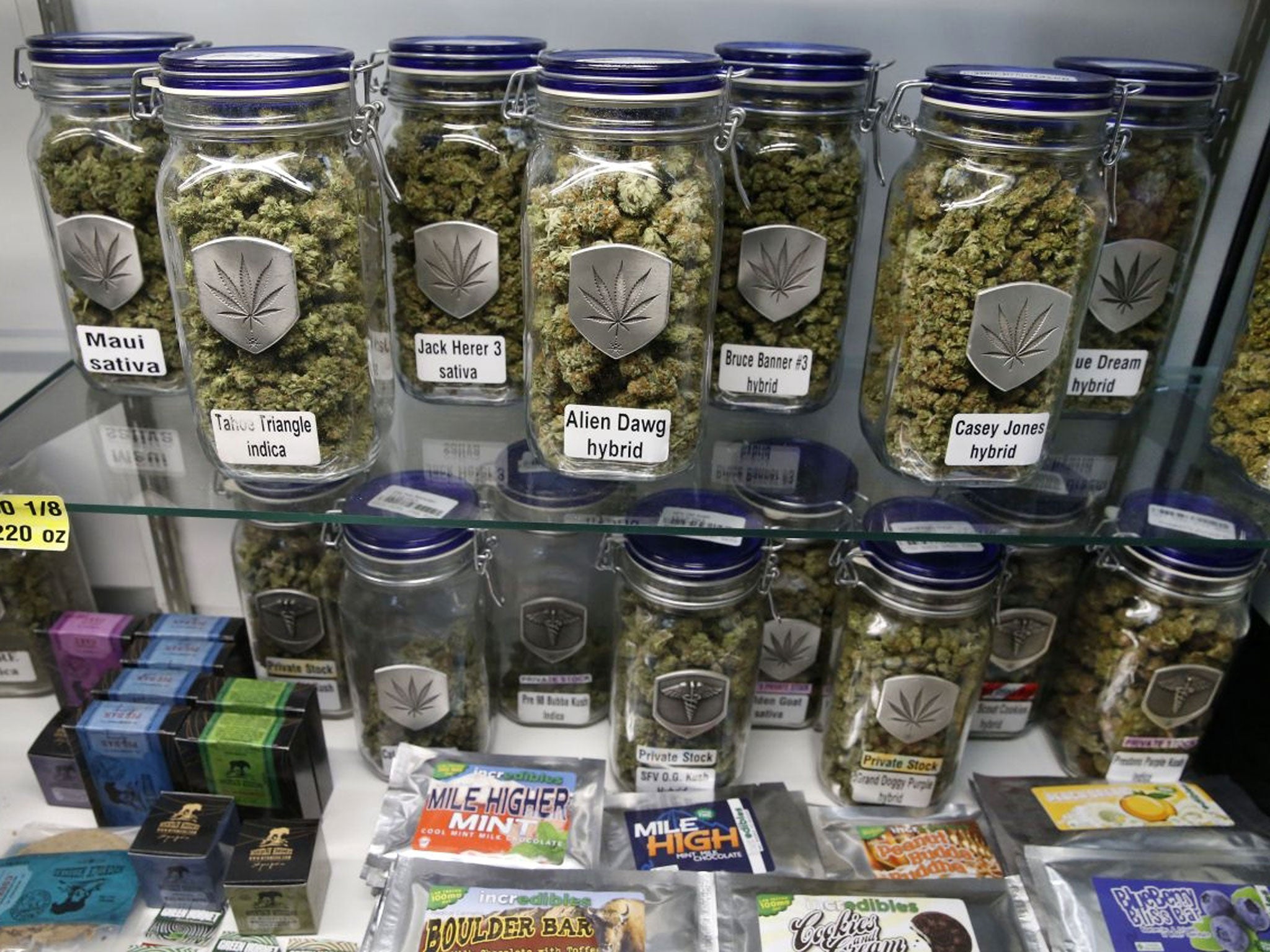 Marijuana and cannabis-infused products on display in Denver, Colorado, where it became legal for the drug to be sold for recreational use in shops