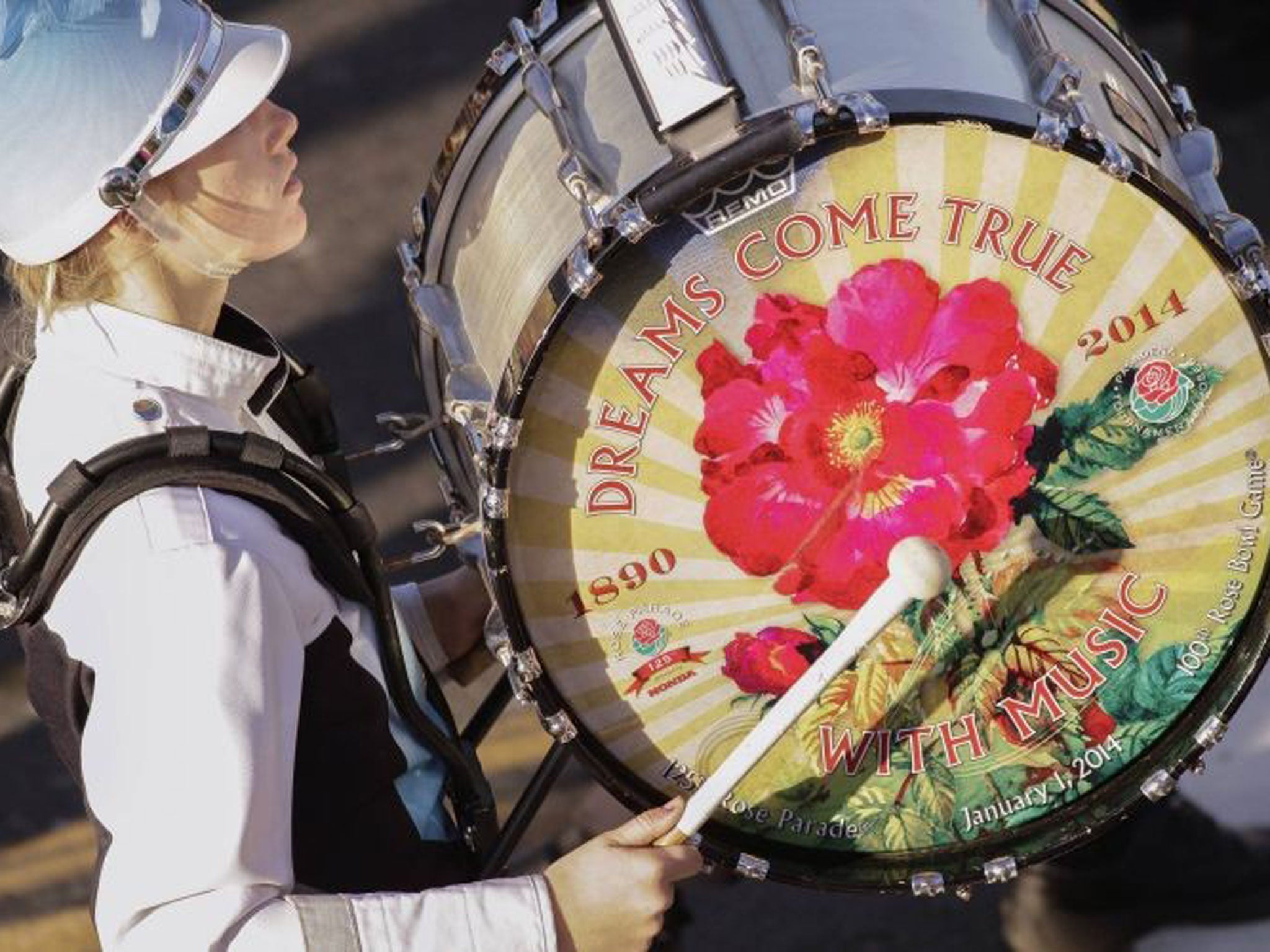 A drummer in the Claudia Taylor 'Lady Bird' Johnson High School band participates in the 125th Rose Parade in Pasadena, California