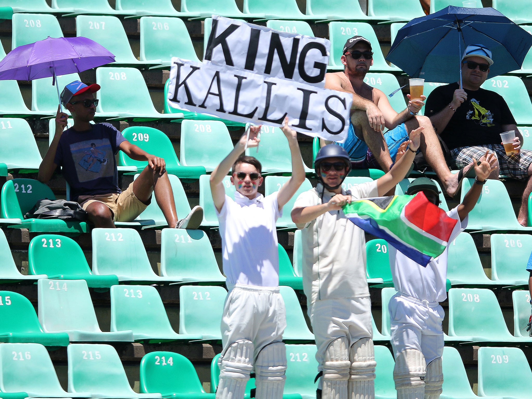 A supporter of South Africa holds a placard supporting Jacques Kallis during the fifth day of the second and final Test match between South Africa and India. They were among the few supporters who turned up