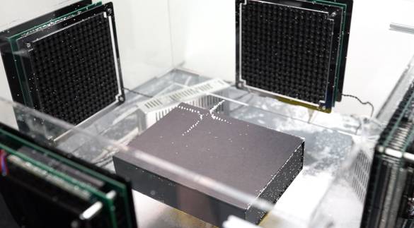 A picture of the speaker array used by Japanese scientists to levitate polystyrene particles.