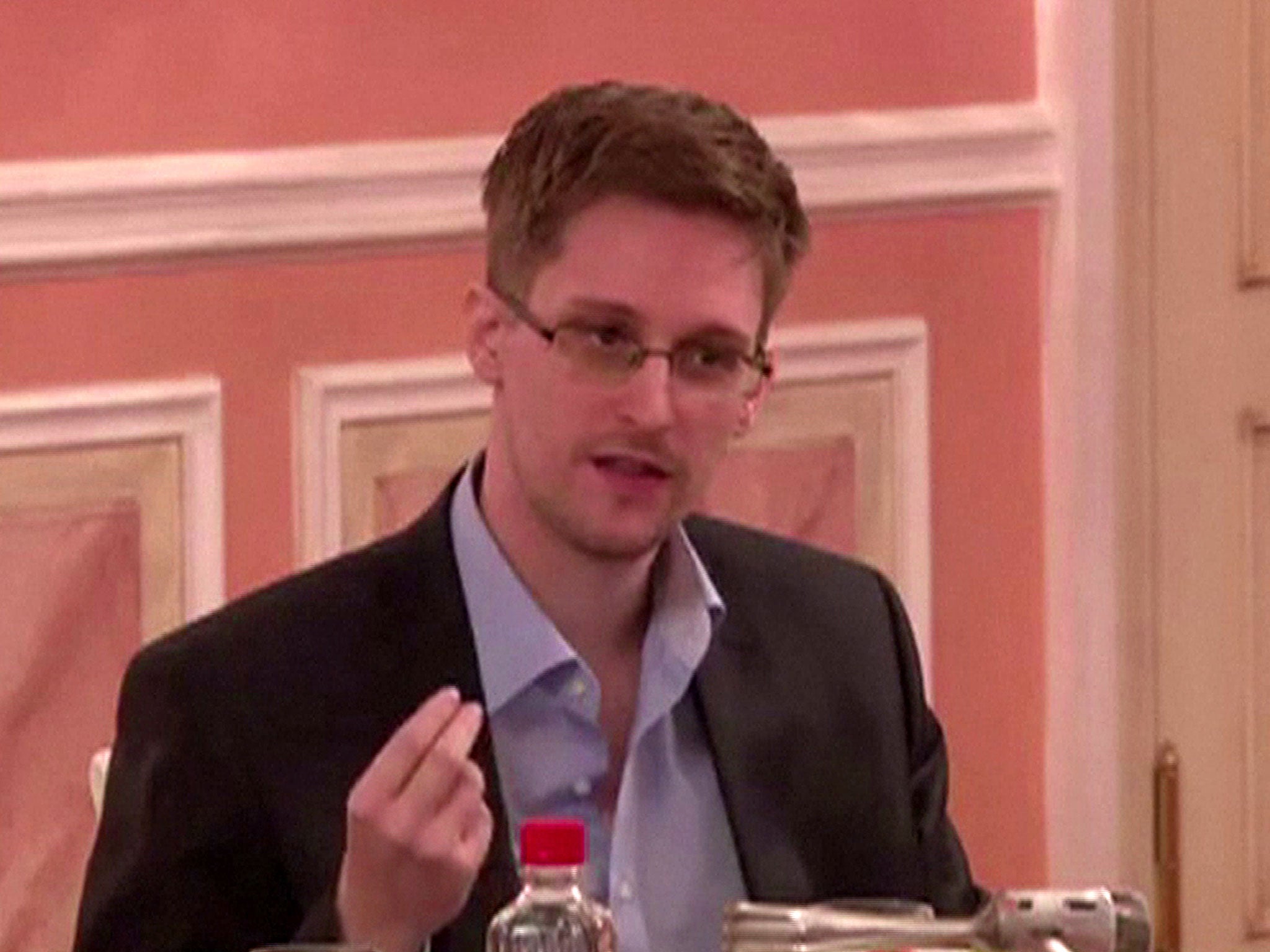 Edward Snowden speaking during his dinner with a group of four retired US ex-intelligence workers and activists at a luxurious room in an unidentified location.