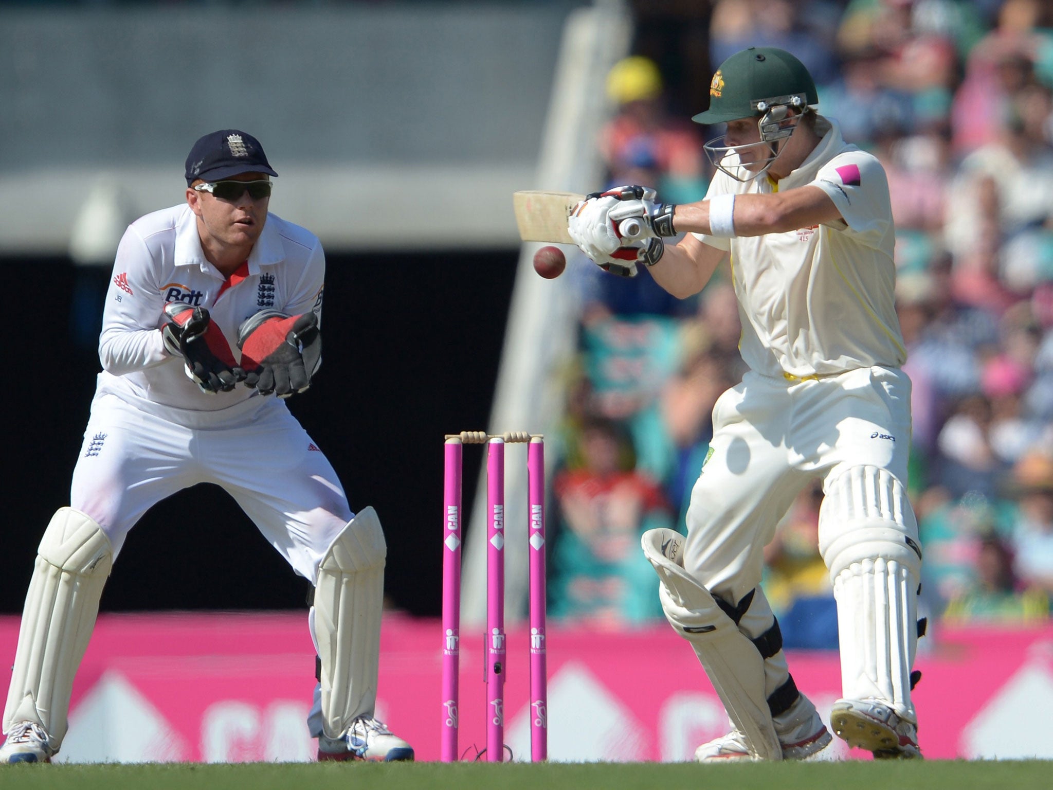 Australia's Steve Smith cuts loose on his way to a century on the first day of the fifth Test