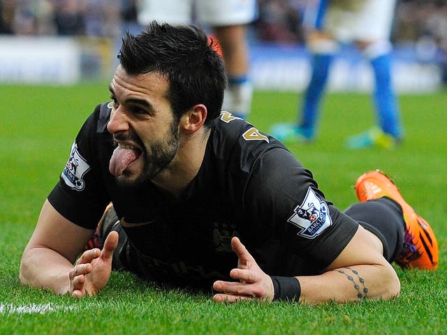Alvaro Negredo reacts after missing a chance to score during Manchester City's 1-1 draw with Blackburn Rovers